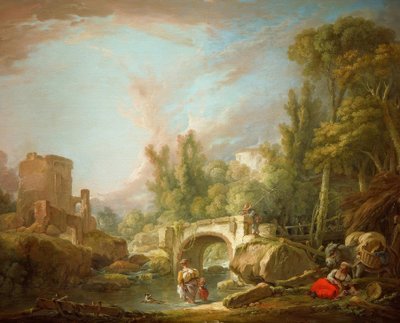 River Landscape with Ruin and Bridge by François Boucher